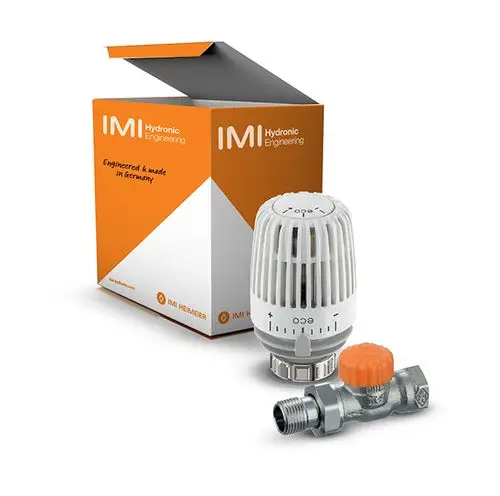 Thermostatkopf und Ventil von IMI Hydronic Engineering in einer Verpackung. Das Ventil hat einen orangefarbenen Griff und eine Metallverbindung. Klar strukturierte Produktpräsentation.